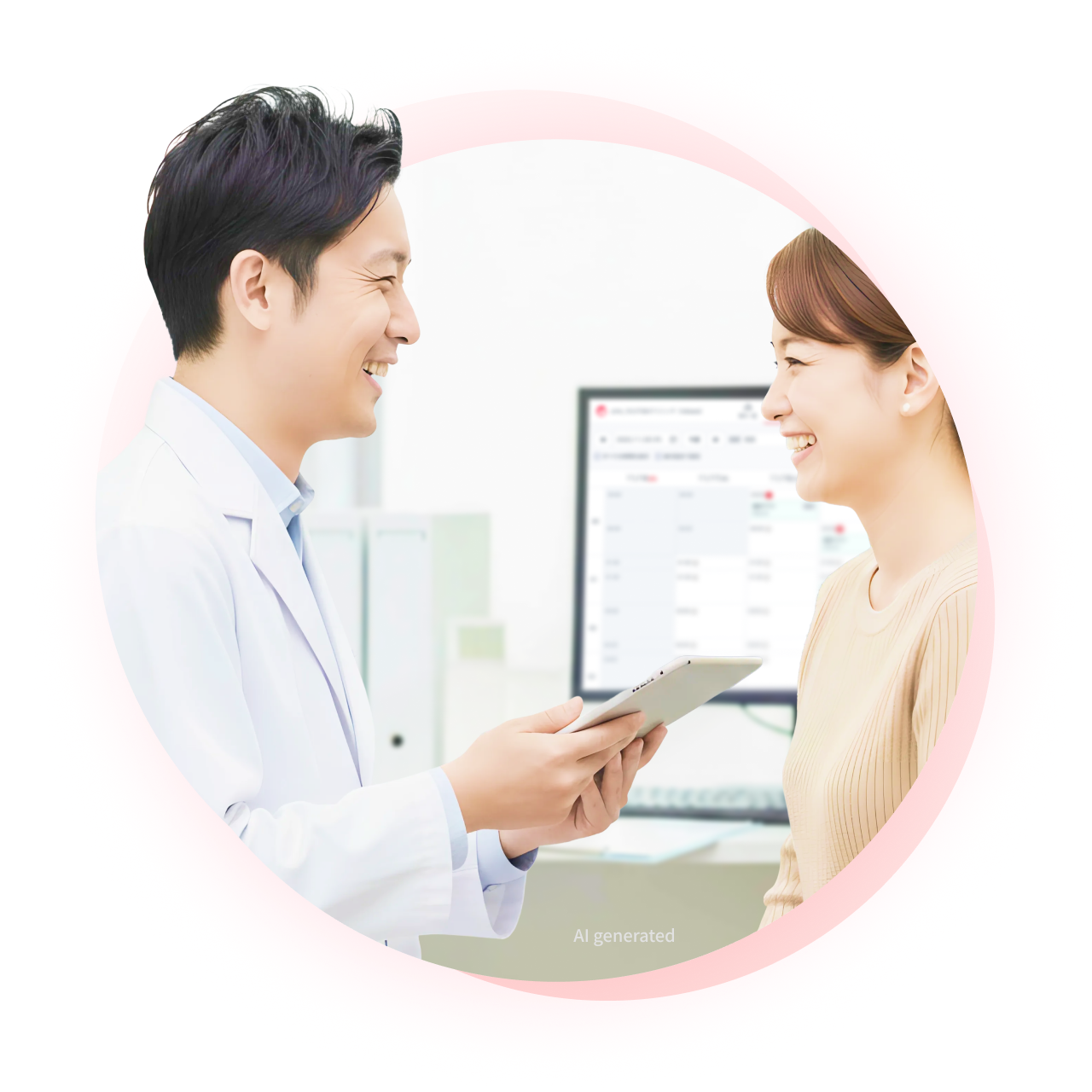 医師と患者が笑顔で向かい合い、CLINICSの画面が表示されたモニターがある